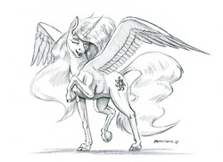 Size: 1400x1020 | Tagged: safe, artist:baron engel, princess celestia, alicorn, pony, g4, eyes closed, female, grayscale, mare, missing accessory, monochrome, open mouth, pencil drawing, prancing, raised hoof, realistic horse legs, simple background, sketch, smiling, solo, spread wings, traditional art, white background, wings