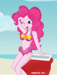 Size: 1024x1354 | Tagged: safe, artist:danielitamlp, pinkie pie, human, equestria girls, equestria girls series, g4, beach, belly button, bikini, bra, breasts, clothes, cloud, female, long hair, looking at you, midriff, ocean, one eye closed, one-piece swimsuit, open mouth, pinkie pie swimsuit, sand, sexy, sitting, sky, smiling, solo, stupid sexy pinkie, swimsuit, underwear, water, wink, wrong eye color