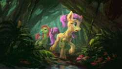 Size: 1920x1080 | Tagged: safe, artist:plainoasis, fluttershy, tree hugger, earth pony, pegasus, pony, g4, alternate hairstyle, duo, female, first aid kit, forest, hair up, jungle, looking around, mare, muddy hooves, mushroom, open mouth, scar, tree, vine