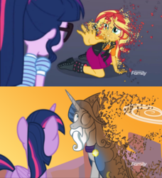 Size: 1920x2101 | Tagged: safe, artist:crisostomo-ibarra, edit, edited screencap, screencap, sci-twi, star swirl the bearded, sunset shimmer, twilight sparkle, alicorn, equestria girls, equestria girls specials, g4, my little pony equestria girls: better together, my little pony equestria girls: forgotten friendship, avengers: infinity war, comparison, discovery family logo, disintegration, fake, fake screencap, i don't feel so good, imminent death, spoilers for another series, twilight sparkle (alicorn)