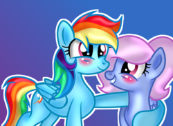 Size: 671x490 | Tagged: safe, artist:doraeartdreams-aspy, rainbow dash, oc, oc:blue streak, g4, blushing, happy, hoof on shoulder, smiling