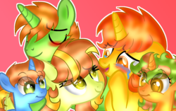 Size: 1500x940 | Tagged: safe, artist:doraeartdreams-aspy, oc, oc only, oc:aspen, oc:fair dye, oc:firecracker, oc:paradise pier, oc:ryan, pony, unicorn, crying, family, female, male, mare, parent:oc:aspen, parent:oc:ryan, parents:ryspen, ryspen, stallion