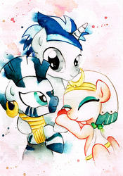 Size: 1600x2283 | Tagged: safe, artist:mashiromiku, somnambula, zecora, oc, pegasus, pony, unicorn, zebra, g4, commission, female, hug, male, mare, stallion, traditional art, watercolor painting