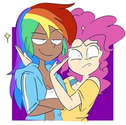 Size: 750x743 | Tagged: safe, artist:drawbauchery, artist:lordsauronthegreat, color edit, edit, pinkie pie, rainbow dash, human, g4, clothes, colored, crossed arms, female, hoodie, humanized, lesbian, ship:pinkiedash, shipping, smiling