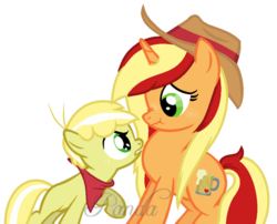 Size: 691x559 | Tagged: safe, artist:ipandacakes, oc, oc only, oc:apple spritz, oc:lil' buck, pony, unicorn, angry, bandana, base used, colt, female, hat, male, mare, offspring, parent:applejack, parent:flim, parents:flimjack, raised hoof, simple background, story included, transparent background