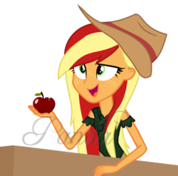 Size: 600x592 | Tagged: safe, artist:ipandacakes, oc, oc only, oc:apple spritz, equestria girls, g4, apple, base used, clothes, food, hat, simple background, solo, transparent background, watermark