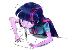Size: 2039x1377 | Tagged: safe, artist:oberon826, twilight sparkle, equestria girls, g4, clothes, female, henohenomoheji, humans doing horse things, looking at you, mouth hold, paper, pen, pen in mouth, shirt, simple background, solo, white background