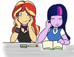 Size: 711x550 | Tagged: safe, artist:horsegirlpodcast, sunset shimmer, twilight sparkle, equestria girls, g4, alternate clothes, cute, eyes closed, female, lesbian, no nose, notebook, pencil, ship:sunsetsparkle, shipping, sleeping, twiabetes