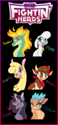 Size: 1162x2505 | Tagged: safe, artist:esmeia, arizona (tfh), oleander (tfh), paprika (tfh), pom (tfh), tianhuo (tfh), velvet (tfh), alpaca, classical unicorn, cow, deer, lamb, longma, pony, reindeer, sheep, unicorn, them's fightin' herds, cloven hooves, community related, female, fightin' six, grin, heart, heart eyes, horn, leonine tail, lidded eyes, looking at you, open mouth, open smile, smiling, unshorn fetlocks, wingding eyes