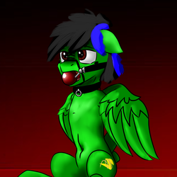 Size: 2000x2000 | Tagged: safe, artist:endelthepegasus, oc, oc only, pegasus, pony, arm behind back, ballgag, belly button, bridle, collar, gag, gradient background, high res, male, malesub, solo, submissive, tack
