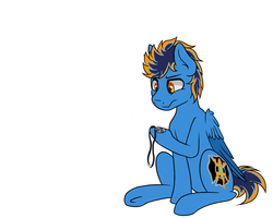 Size: 2500x2000 | Tagged: safe, artist:blues4th, oc, oc only, oc:blues, pegasus, pony, ask, high res, jewelry, male, necklace, raised hoof, sitting, solo, tumblr, wings