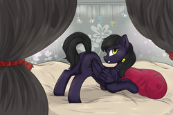 Size: 2129x1424 | Tagged: safe, artist:haruhi-il, oc, oc only, oc:mir, pegasus, pony, fallout equestria, bed, butt, curtains, dashite, digital art, female, looking at you, mare, pillow, plot, solo