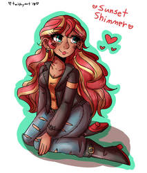 Size: 2975x3500 | Tagged: safe, artist:mylittleyuri, sunset shimmer, human, equestria girls, g4, boots, clothes, cute, digital art, female, high res, humanized, jacket, jeans, paint tool sai, pants, shoes, solo, tumblr nose