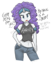 Size: 1000x1250 | Tagged: safe, artist:flutterthrash, rarity, anthro, g4, belly button, clothes, dialogue, female, glam metal, glam rock, midriff, solo, tank top