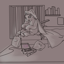 Size: 2000x2000 | Tagged: safe, artist:mdwines, pony, bed, book, bookshelf, commission, controller, food, high res, night, pillow, pizza, solo, tongue out, video game, your character here