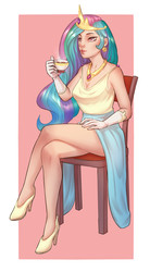 Size: 1477x2681 | Tagged: safe, artist:monnian, princess celestia, human, g4, breasts, chair, cleavage, clothes, cup, dress, female, gloves, high heels, humanized, jewelry, legs, regalia, shoes, sitting, solo, steam, tea, teacup