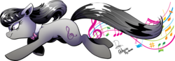 Size: 3186x1123 | Tagged: safe, artist:dormin-dim, octavia melody, earth pony, pony, g4, bowtie, female, mare, music notes, running, signature, simple background, smiling, solo, transparent background