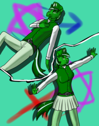 Size: 1572x2006 | Tagged: safe, artist:syforcewindlight, oc, oc:verdant comet, anthro, anthro oc, arms wide open, belt, clothes, green eyes, hand on chest, hat, original style, pleated skirt, rule 63, side by side, skirt, tights, vest