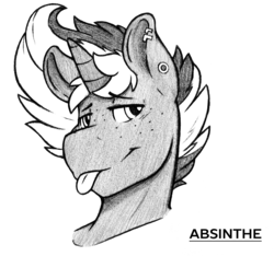 Size: 3467x3249 | Tagged: safe, artist:denzel, oc, oc only, oc:absinthe, pony, unicorn, bust, cool, high res, monochrome, solo, tongue out