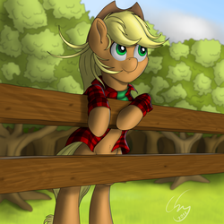 Size: 4000x4000 | Tagged: safe, artist:cluvry, applejack, earth pony, pony, g4, absurd resolution, cowboy hat, female, fence, hat, mare, plaid shirt, solo, stetson, tree