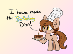 Size: 1600x1200 | Tagged: safe, artist:heir-of-rick, oc, oc only, oc:brownie bun, earth pony, pony, cake, candle, chef's hat, dins, ear fluff, female, food, gradient background, happy, happy birthday, hat, mare, solo