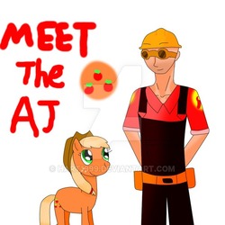 Size: 600x600 | Tagged: safe, artist:hart1999, applejack, human, pony, g4, crossover, duo, engineer, engineer (tf2), simple background, team fortress 2, watermark, white background