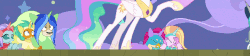 Size: 1884x424 | Tagged: safe, screencap, gallus, ocellus, princess celestia, sandbar, silverstream, smolder, yona, changedling, changeling, classical hippogriff, dragon, griffon, hippogriff, yak, g4, horse play, animated, clothes, costume, cowering, cropped, dizzy, fake beard, fake ears, fake horn, prosthetic butt, scared, shaking, spinning eyes, star swirl the bearded costume, student six, trembling, wig