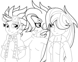 Size: 766x606 | Tagged: safe, artist:sabri2000, oc, oc only, oc:black lightning (ice1517), oc:jet stream (ice1517), oc:winter flurry, human, icey-verse, black and white, clothes, collaboration, ear piercing, earring, female, freckles, glasses, goggles, grayscale, hair over one eye, humanized, humanized oc, jacket, jewelry, lineart, magical lesbian spawn, monochrome, offspring, parent:indigo zap, parent:night glider, parents:indiglider, piercing, simple background, sisters, sweater, white background