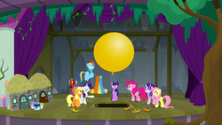 Size: 1280x720 | Tagged: safe, screencap, applejack, fluttershy, pinkie pie, rainbow dash, rarity, starlight glimmer, twilight sparkle, alicorn, earth pony, pegasus, pony, unicorn, g4, horse play, balloon, female, fragments, mane six, mare, moments before disaster, mouth hold, paint bucket, sewing machine, stage, that pony sure does love balloons, trapdoor, twilight sparkle (alicorn)