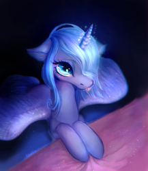 Size: 1478x1706 | Tagged: safe, artist:elzafox, princess luna, alicorn, pony, :p, cute, ear fluff, female, horn, looking at you, looking up, lunabetes, magic, mare, moonlight, palindrome get, s1 luna, silly, solo, spread wings, tongue out, wings