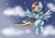 Size: 1024x723 | Tagged: safe, artist:kikuthefoxofficial, rainbow dash, pegasus, pony, g4, cloud, colored pupils, cute, ear fluff, female, flying, hair over one eye, mare, night, night sky, sky, solo, spread wings, stars, wings