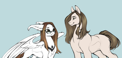 Size: 985x468 | Tagged: safe, artist:rrusha, oc, earth pony, pegasus, pony, :3, blue background, braid, chest fluff, cute, ear fluff, ear tufts, eye contact, female, floppy ears, glasses, leg fluff, lidded eyes, looking at each other, male, mare, ocbetes, shoulder fluff, simple background, smiling, spread wings, stallion, wing fluff, wings