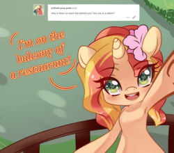 Size: 600x527 | Tagged: safe, artist:loyaldis, sunset shimmer, pony, unicorn, g4, armpits, ask, female, flower, flower in hair, heart eyes, mare, solo, tumblr, wingding eyes