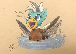 Size: 3109x2214 | Tagged: safe, artist:tsitra360, oc, oc only, oc:duk, bird pone, duck pony, pegasus, pony, bill, blue eyes, cute, female, high res, mare, open mouth, physical copy, quack, raised hoof, smiling, solo, splashing, spread wings, traditional art, water, wings