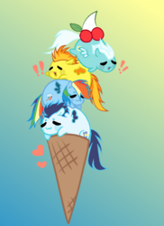 Size: 661x910 | Tagged: safe, artist:soarindash8, fleetfoot, rainbow dash, soarin', spitfire, g4, base used, blob ponies, cute, cutefire, dashabetes, diafleetes, exclamation point, food, gradient background, heart, ice cream, pony pile, soarinbetes, tower of pony, wonderbolts