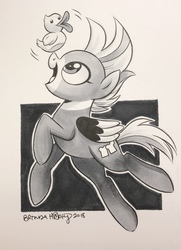 Size: 2039x2822 | Tagged: safe, artist:brenda hickey, oc, oc only, oc:duk, bird pone, duck, pony, adorable duck, adorable face, black and white, bread, commission, cute, food, grayscale, high res, monochrome, physical copy, quack, solo