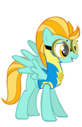 Size: 994x1536 | Tagged: safe, artist:kestrelelk, lightning dust, pegasus, pony, g4, clothes, female, goggles, lead pony badge, mare, simple background, smiling, solo, spread wings, transparent background, uniform, wings, wonderbolt trainee uniform