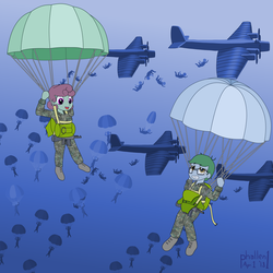 Size: 3000x3000 | Tagged: safe, alternate version, artist:phallen1, oc, oc only, oc:software patch, oc:windcatcher, human, equestria girls, g4, aircraft, airdrop, army, assault rifle, boots, camouflage, equestria girls-ified, falling, female, glasses, gritted teeth, gun, high res, imperialism, invasion, male, parachute, paratrooper, reserve parachute, rifle, shoes, smiling, weapon
