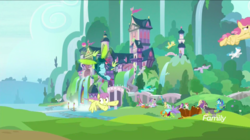 Size: 1440x809 | Tagged: safe, screencap, chancellor neighsay, derpy hooves, dizzy twister, gallus, grampa gruff, lightning bolt, ocellus, orange swirl, parasol, prince rutherford, princess ember, seaspray, spring melody, sprinkle medley, starlight glimmer, thorax, twilight sparkle, white lightning, yona, alicorn, changedling, changeling, dragon, griffon, hippogriff, pony, yak, g4, school daze, background pony, changeling mega evolution, discovery family logo, female, fleeing, impending disaster, king thorax, male, school of friendship, twilight sparkle (alicorn)
