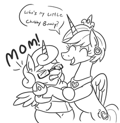 Size: 667x684 | Tagged: safe, artist:jargon scott, princess cadance, princess flurry heart, alicorn, pony, g4, 30 minute art challenge, alternate hairstyle, black and white, chubby, clothes, dialogue, embarrassed, female, glasses, grayscale, hoodie, mare, mom hair, monochrome, mother and daughter, mothers gonna mother, nerd, nerdy heart, older, older flurry heart, speech bubble