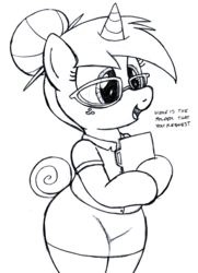 Size: 2176x3000 | Tagged: safe, artist:an-tonio, oc, oc only, oc:silver draw, semi-anthro, arm hooves, bipedal, bow, clothes, cute, folder, freckles, glasses, hair bun, high res, miniskirt, moe, monochrome, ocbetes, secretary, shirt, skirt, skirt suit, solo, suit, tail bow