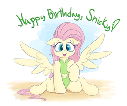 Size: 1800x1500 | Tagged: safe, artist:heir-of-rick, fluttershy, pegasus, pony, g4, :p, clothes, cute, female, happy birthday, mare, one-piece swimsuit, raised hoof, shyabetes, silly, solo, spread wings, swimsuit, text, tongue out, wings