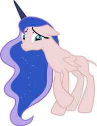 Size: 7702x9975 | Tagged: safe, artist:myrami, edit, edited edit, editor:slayerbvc, princess luna, alicorn, pony, g4, absurd resolution, crossed legs, embarrassed, female, floppy ears, furless, furless edit, mare, missing accessory, nude edit, nudity, plucked, shaved, shaved tail, simple background, solo, transparent background