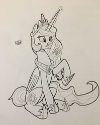 Size: 3024x3800 | Tagged: safe, artist:hypno, princess celestia, alicorn, pony, g4, cake, eating, female, food, high res, ink, jewelry, lineart, magic, monochrome, necklace, solo, traditional art