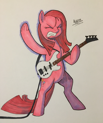 Size: 3024x3600 | Tagged: safe, artist:hypno, pinkie pie, earth pony, pony, g4, bass guitar, bipedal, female, heavy metal, high res, metal, metal as fuck, musical instrument, pinkamena diane pie, solo, traditional art