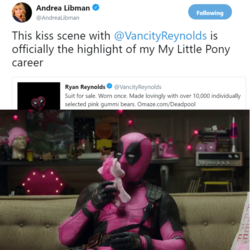 Size: 2048x2048 | Tagged: safe, pinkie pie, pony, unicorn, g4, andrea libman, deadpool, deadpool 2, female, high res, hilarious in hindsight, irl, kissing, male, meta, photo, pink, plushie, ryan reynolds, text, twitter
