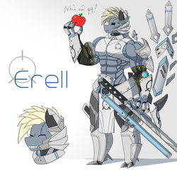 Size: 3600x3500 | Tagged: safe, artist:mopyr, oc, oc only, oc:erell, cyborg, original species, shark pony, anthro, unguligrade anthro, abs, apple, armor, black sclera, food, high res, muscles, reference sheet, solo, sword, weapon