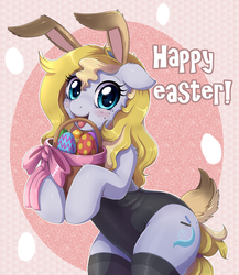 Size: 2000x2300 | Tagged: dead source, safe, artist:evomanaphy, oc, oc only, oc:evo, earth pony, pony, basket, bunny ears, bunny suit, clothes, cute, easter, easter basket, easter egg, female, floppy ears, freckles, high res, holiday, leotard, looking at you, mare, open mouth, smiling, stockings, thigh highs