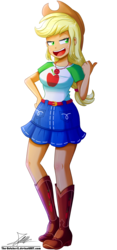 Size: 1004x2140 | Tagged: safe, artist:the-butch-x, part of a set, applejack, equestria girls, g4, my little pony equestria girls: better together, applejack's hat, belt, boots, clothes, commission, cowboy hat, denim skirt, female, freckles, geode of super strength, hand on hip, hat, legs, open mouth, shoes, signature, simple background, skirt, solo, stetson, transparent background