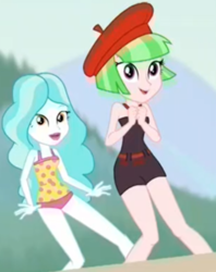 Size: 1918x2422 | Tagged: safe, screencap, drama letter, paisley, watermelody, equestria girls, g4, my little pony equestria girls: better together, turf war, background human, clothes, cropped, duo, duo female, female, swimsuit, watermelody swimsuit